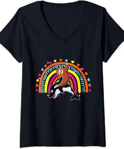 Womens Sloth Riding Orca Funny Zoo Animal Rainbow Hearts Lover Kids V-Neck T-Shirt