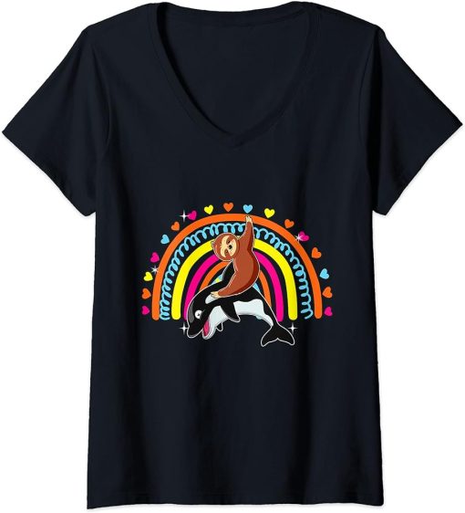 Womens Sloth Riding Orca Funny Zoo Animal Rainbow Hearts Lover Kids V-Neck T-Shirt