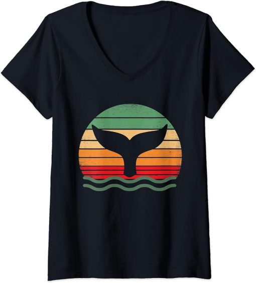 Womens Vintage Whale Tail in Waves | Orca Ocean V-Neck T-Shirt