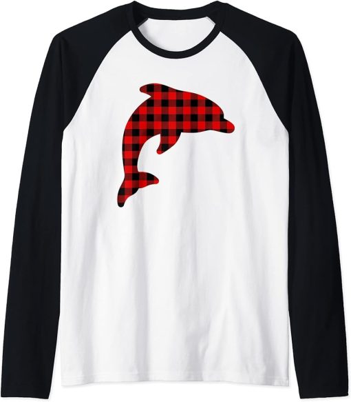 Dolphin Red Buffalo Plaid Beluga Matching Family PJ Gift Raglan Baseball Tee