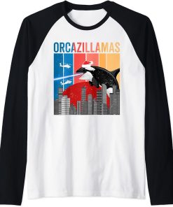 Christmas Killer Whale, Funny Orcazilla Retro Japan Sunset Raglan Baseball Tee