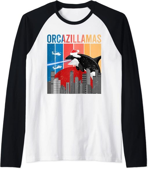 Christmas Killer Whale, Funny Orcazilla Retro Japan Sunset Raglan Baseball Tee