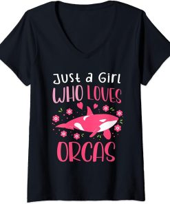 Womens Just a girl who loves orcas | Cute Orca Whale V-Neck T-Shirt