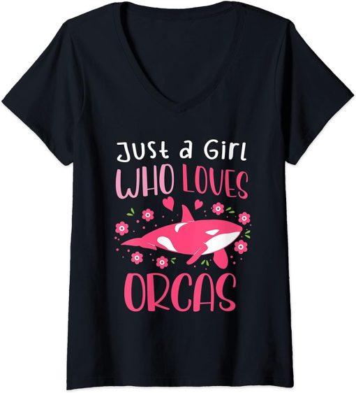 Womens Just a girl who loves orcas | Cute Orca Whale V-Neck T-Shirt